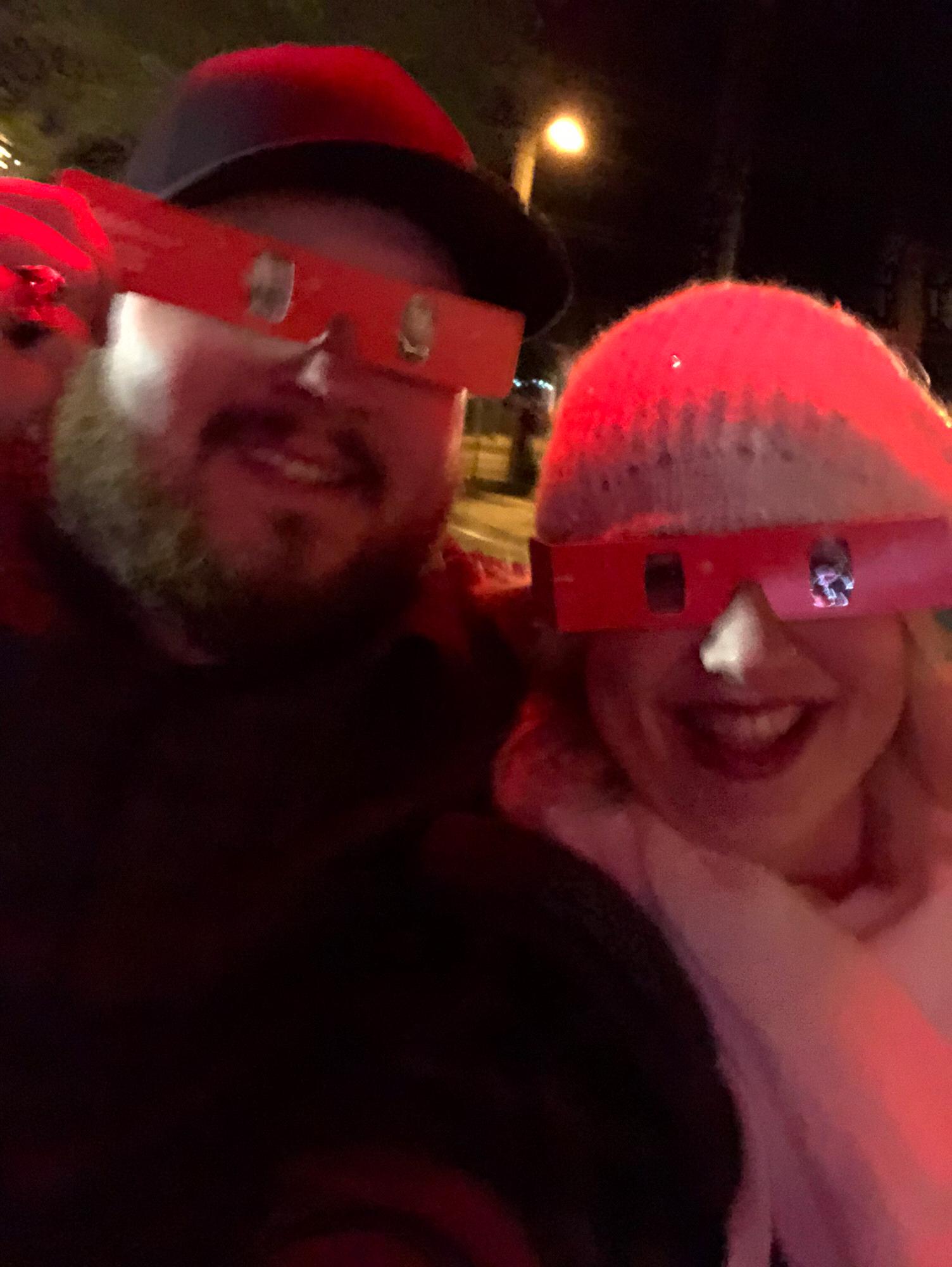 Looking at Christmas lights in Saint Augustine and rocking our crazy glasses.
