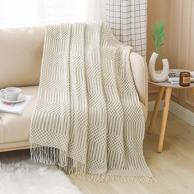 PANDAHOME Textured Throw Blanket Solid Soft for Sofa Couch Decorative Knitted Blanket, 50" x 60", Beige