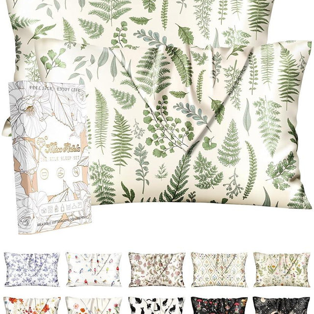 Miss Adola 2 Pack Silk Pillowcase - 20x30 Inch Queen Size Silk Pillow Case with Hidden Zipper for Women Lady Smooth Soft Breathable Cute Design Pillowcase for Hair and Skin, Green Leaf