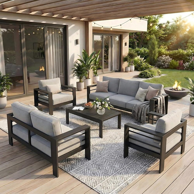Solaste Aluminum Outdoor Patio Furniture Set, 7 Seats Patio Sectional Sofa with 5" Thick Cushion, Outdoor Patio Set with Coffee Table for Porch, Backyard, Deck, Yard, Light Grey