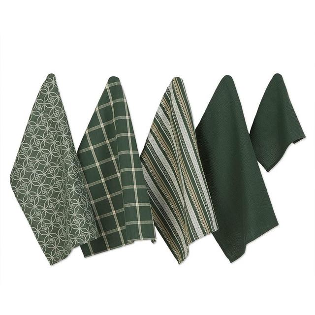 DII Assorted Woven Kitchen Set, Dishtowel, 18x28, Dishcloth, 13x13, Dark Green, 5 Piece