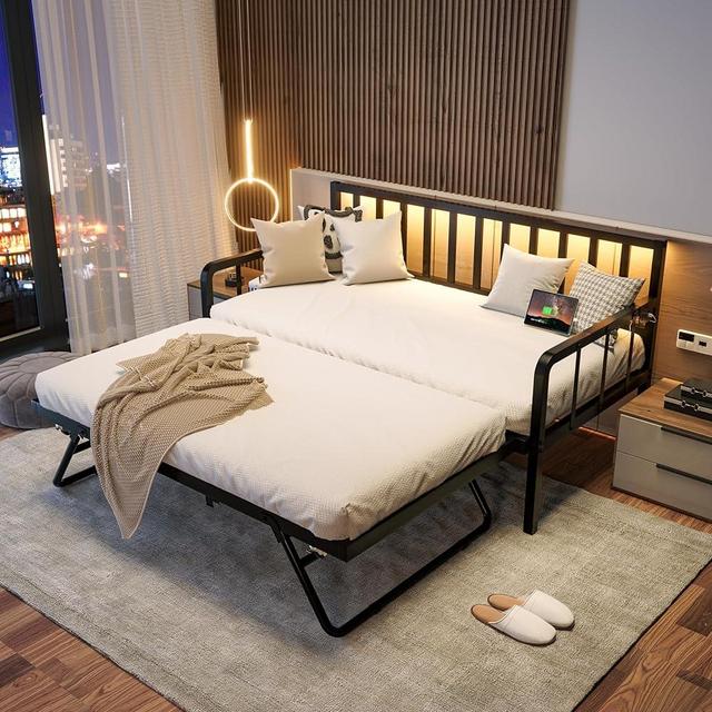 MU Daybed with Trundle Bed, Twin Bed Frame with Charging Station and LED Lights, Metal Sofa Day Bed with Pop Up Trundle and Steel Slat Support for Living Room, Bedroom and Guest Room, Black