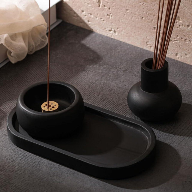 Concrete Incense Burner Set with Holder and Tray,Multifunction Incense Holder for Burning Sage,Palo Santo,Incense Sticks,Ideal for Meditation Home Decor(Black)