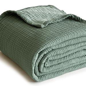 Simple&Opulence 100% Cotton Muslin Blanket Queen Size, Lightweight Breathable 4 Layering Gauze Blanket for Bed Couch Camping, Soft Bedspread Coverlet All-Season Use (Sage Green, 88" x 92")
