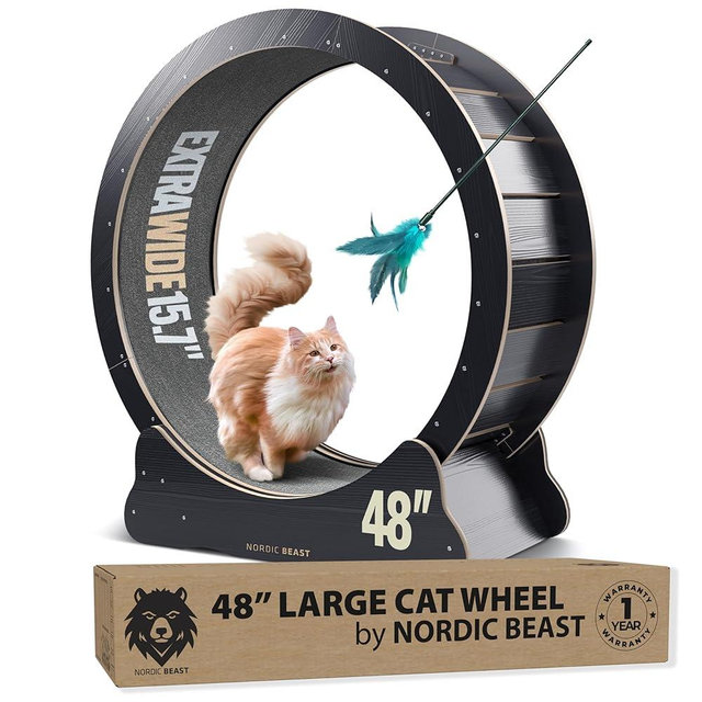 Nordic Beast 48'' XL Cat Wheel - Cat Wheels for Indoor Cats Which Doesn't Negatively Affect Your Cat's Spine - 15.7'' Extra Wide Cat Treadmill - Fits 2 Cats Side-by-Side, 1-Year Warranty