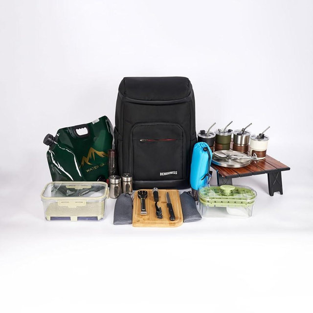 Picnic Backpack Set with Fold Table, Water Bag, Cooler Ice Box & Stainless Steel Utensils - Portable Outdoor Camping Gear for Family Picnics & Hiking (Black, A-4 Person)