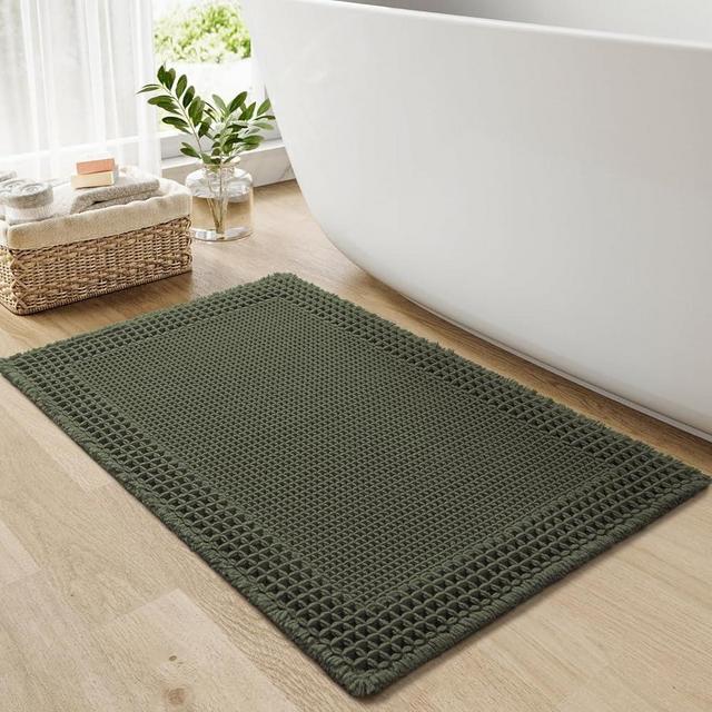 RESARE Waffle Bath Mat for Bathroom, Super Absorbent Bathroom Rugs Non Slip Machine Washable, Ultra Soft Quick Dry Boho Bath Rugs with Tassels for Floor, Upgraded Bordered Design, 24"x36" Green