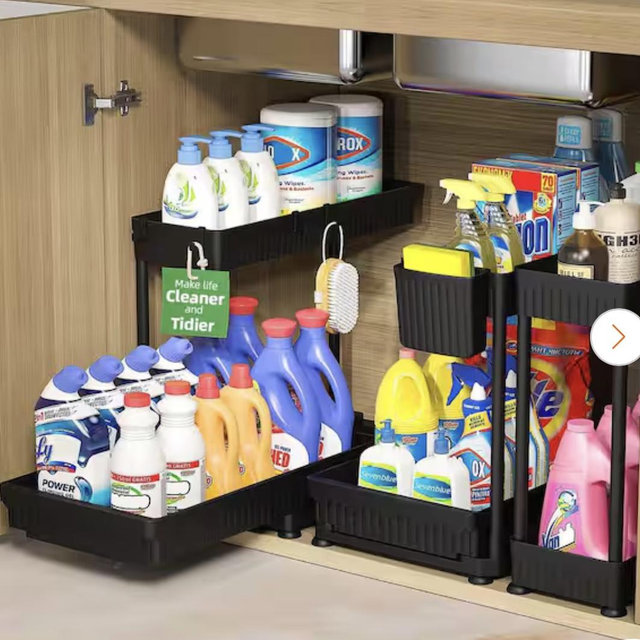 Wudkey 3 Pack Multi-Purpose Under Sink Organizers, L-Shaped Pull Out Cabinet Organizer with Hooks Hanging Cup, Black FH2X19_1