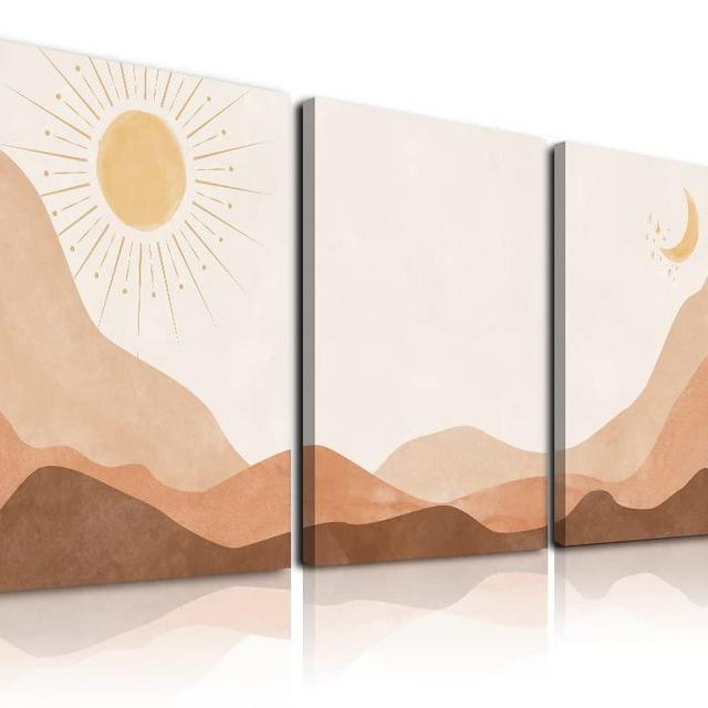 Boho Wall Art Set of 3, Framed Canvas Wall Art Sun Moon Rising on the Mountain Geometric Nature Illustrations Line Art Wall, Mid-Century Modern Prints, Boho Landscape Wall Decor for Living Room, Bedroom, Bathroom, Office, 16"x24" Watercolor