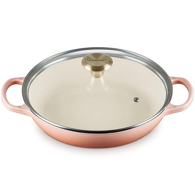 Le Creuset Enameled Cast Iron Signature Round Braiser with Glass Lid, 2.25 qt., Peche with Light Gold Knob