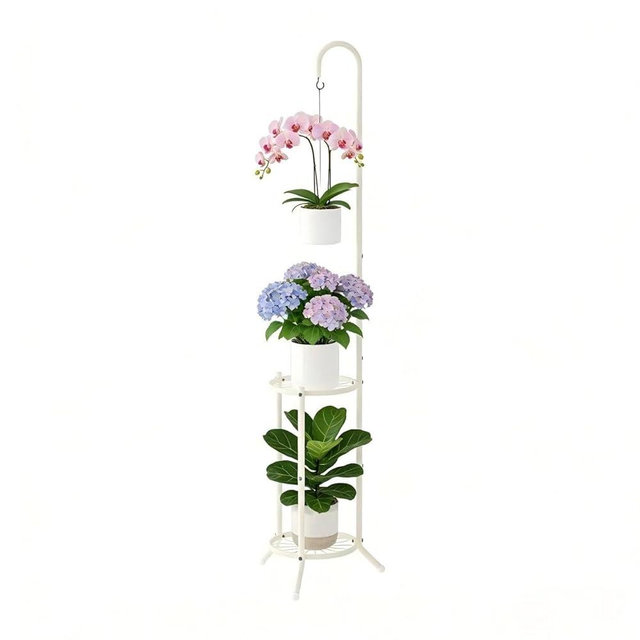 WELUKGUUD 2-Tier Hanging Plant Stand Indoor and Outdoor , Space-Saving Iron Planter Shelves, Multiple Flower Pot Display Holder Shelf with Hanging Hook, Corner Plant Stands (White)
