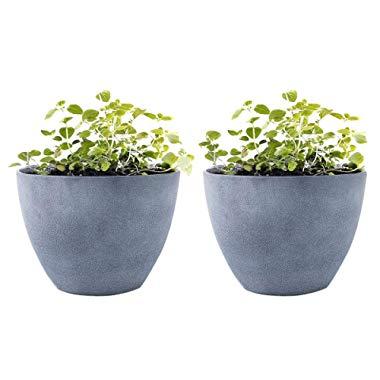 LA JOLIE MUSE Flower Pot Garden Planters Outdoor Indoor, Resin Plant Containers with Drain Hole, Grey(12 Inch, Pack 2)