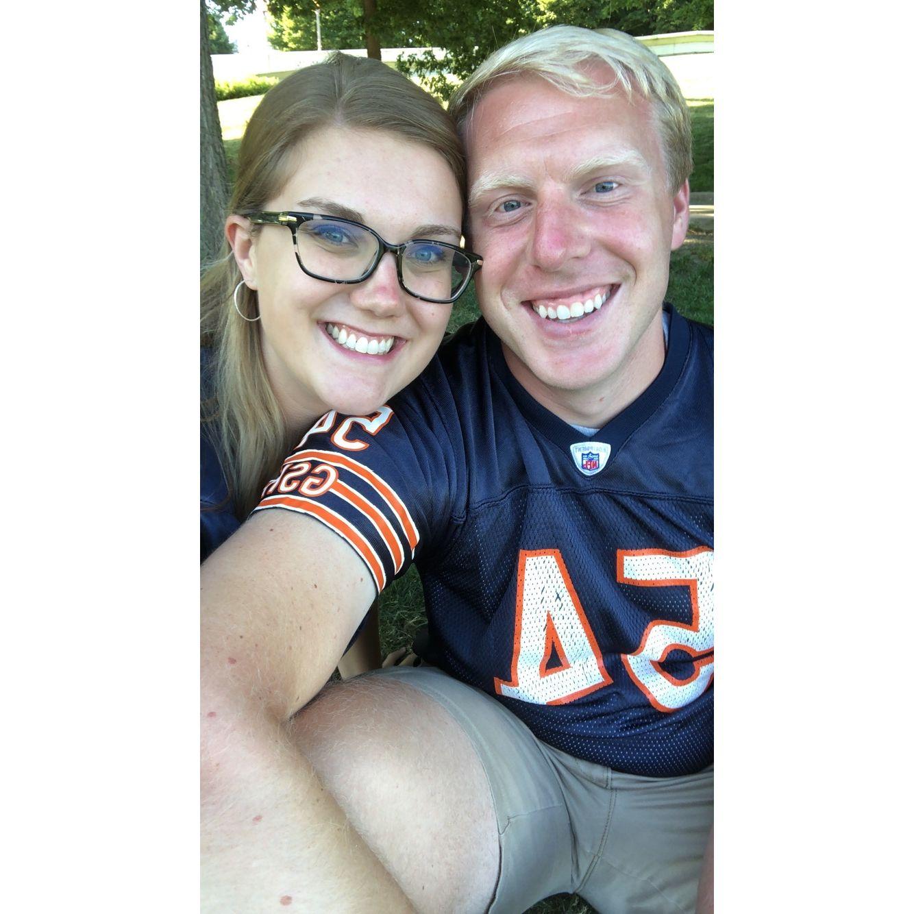 Kimmy got Zach to wear a Bear's jersey at a pre-season game in Chicago!