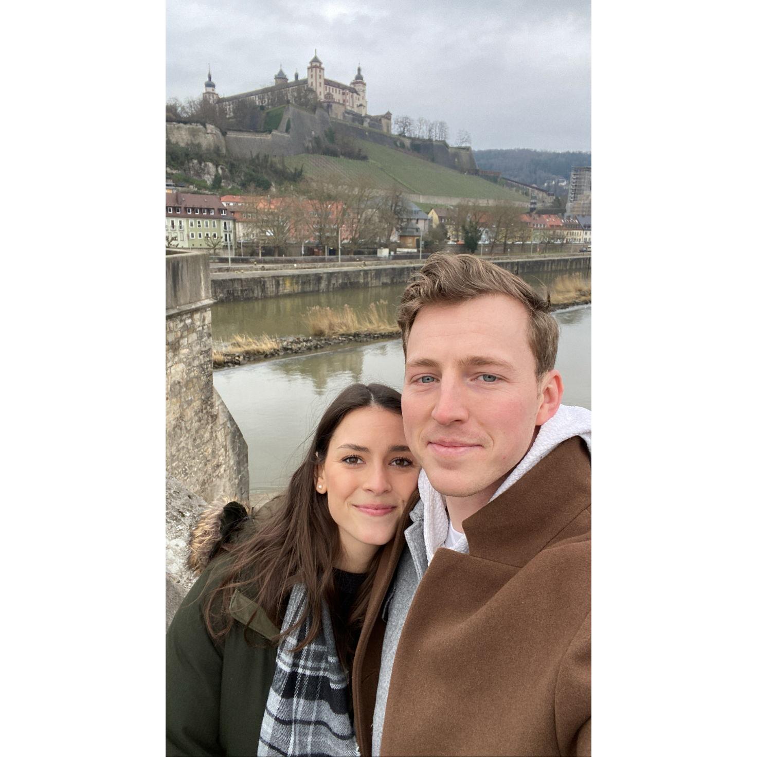 Enjoying the famous wine bridge of Wurzburg, Germany