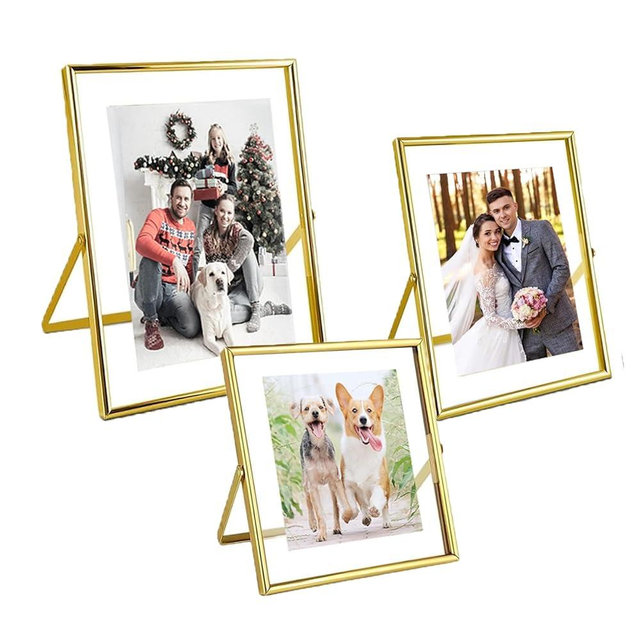DrewCloth Glass Picture frame Set of 3,(6×6",6×8",7×9" )Gold Floating Frame for Small Photo 4x4", 4x6", 5x7" Table Desk Display for Office/Home,Simple Vintage Mid Century Modern Decor,Different Size of 3 Pack