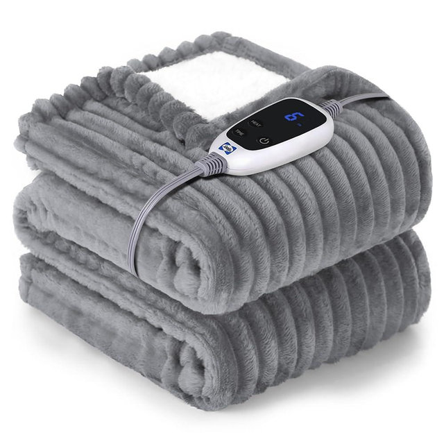 SEALY Heated Blanket Electric Throw, 50"x60" Heating Blanket Throw, 6 Heat Levels & 2-10 Hours Auto-Off Over-Heat Protection, Ribbed Flannel to Sherpa, Machine Washable, Light Grey