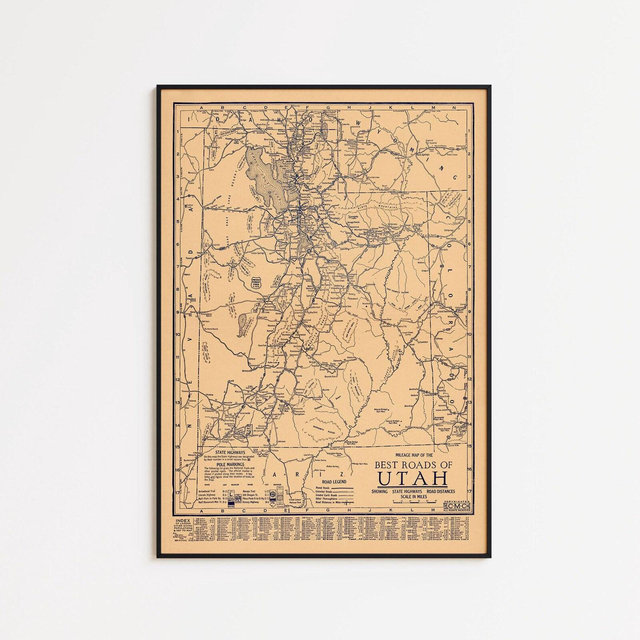 Vintage Utah Roads Map Print: 1926 Wall Art Poster, Framed Canvas Option