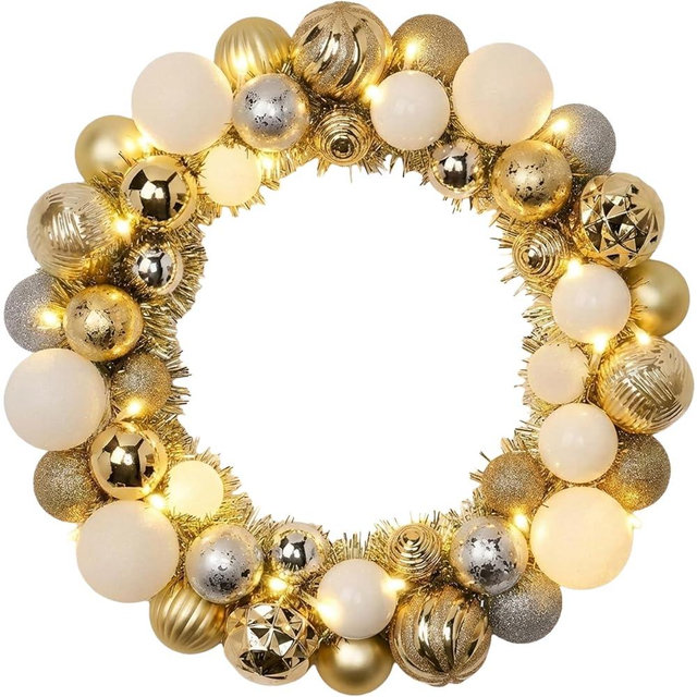Valery Madelyn Pre-Lit Christmas Ball Wreath for Front Door with Lights, 13'' Lighted Battery Operates Christmas Door Wreath with White Gold Xmas Balls for Home Fireplace Window Table Indoor Decor