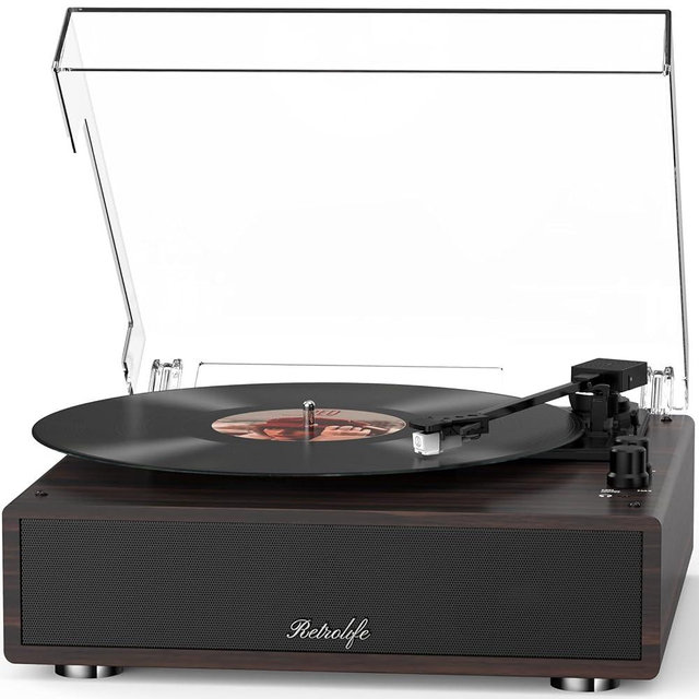 Record Player Built-in Stereo Speakers Vintage Turntable for Vinyl Records BT Retro LP Phonograph All-in-one High Fidelity Audio Phono AT-3600L MM Cartridge 3 Speed Belt-Driven Auto Stop Walnut Red