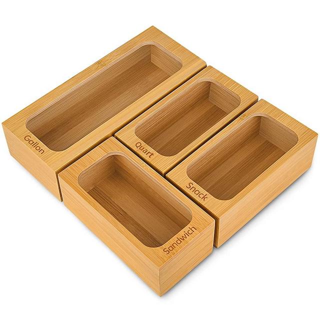 Fulldepot Food Storage Bag Holders, Storage Organizer for Ziplock Bag, Bamboo Storage Dispenser for Kitchen Drawer, Sandwich Bag Organizer for Gallon, Quart, Sandwich, Snack and Variety Size Bags (4 pieces)