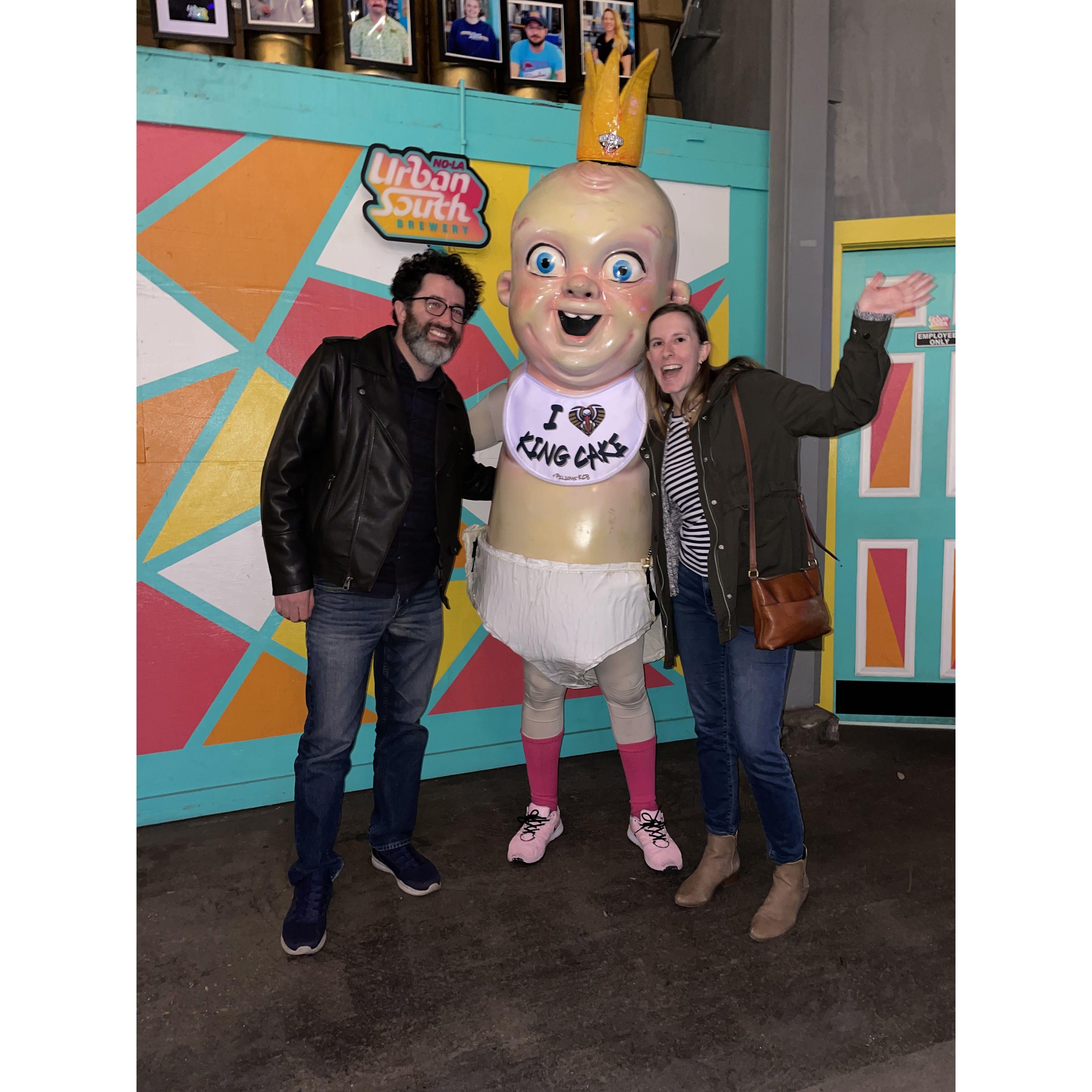 With the New Orleans Pelicans’ King Cake Baby mascot, spring 2024