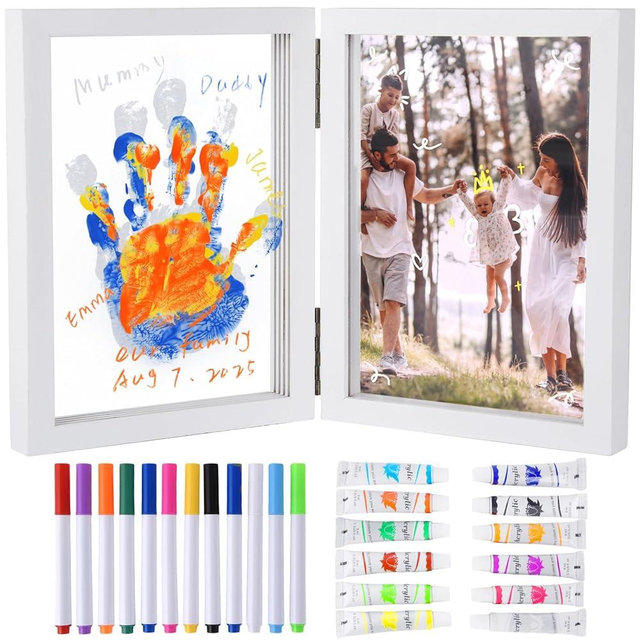 Cepairng Family Handprint Photo Frame with 12 Paints & 12 Pens, 5 Transparent Sheets, Christmas Gifts for Mom Dad Grandparents from Kids (White)