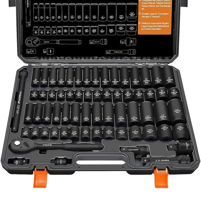 Impact Socket Wrench Set 1/2" Drive - Trivd Frol 65pcs Impact Socket Set Metric and Standard Full, Metric Socket Set 8-24mm & SAE Socket Set 3/8"-1-1/4", Shallow & Deep Socket Set, Extensions, Adapter