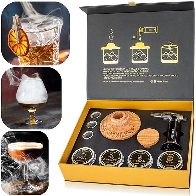 Whiskey smoker kit with torch & natural wood chips. 'Smoky by NOBLESIP' has all is needed to smoke Bourbon, Old Fashioned or any delicious cocktail. Bar set in designer gift box for men + recipe cards