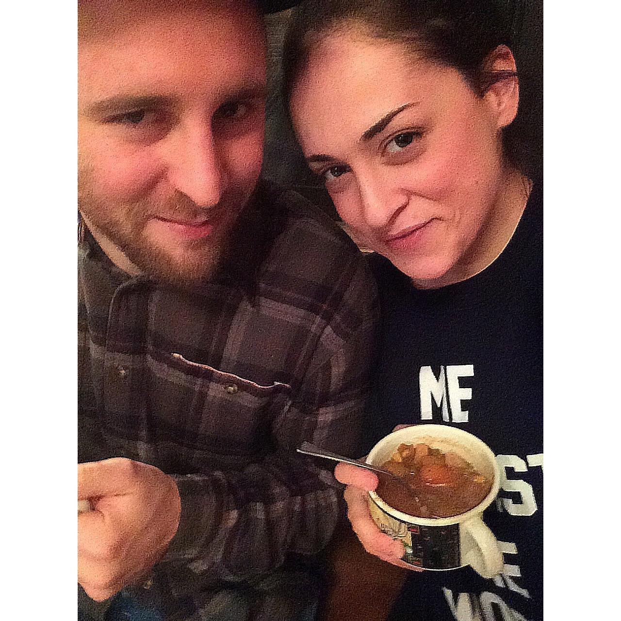 Feast your eyes on the biggest nerds you've ever seen 🤓 enjoying a mug of Alex's famous homemade stew in Dover, VT #kudostothechef