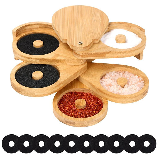 VMAWJ Bamboo Margarita Salt Rimmer Set – 5-Tier Rotating Salt and Sugar Glass Rimmer with Tajín Rimmer & 10 Sponges – Cocktail Rimmer for Home Bars, Parties & Bartenders