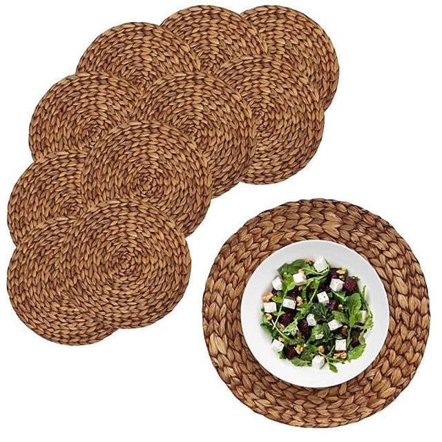 (3 Sizes: 12"-13"-14"-15") BARIEN 14 inches Brown Woven Placemats Round Set of 10, Natural Water Hyacinth Weave Placemat for Dining Table, Large Handmade Woven Placemats Heat Resistant Non-Slip