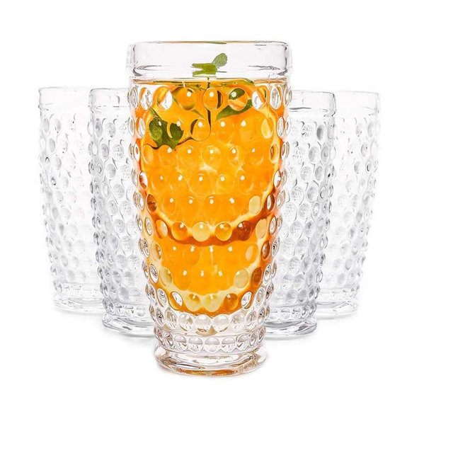 Slickblue Hobnail Highball Clear Glasses Set of 6, 13.3 oz, Hand-Blown