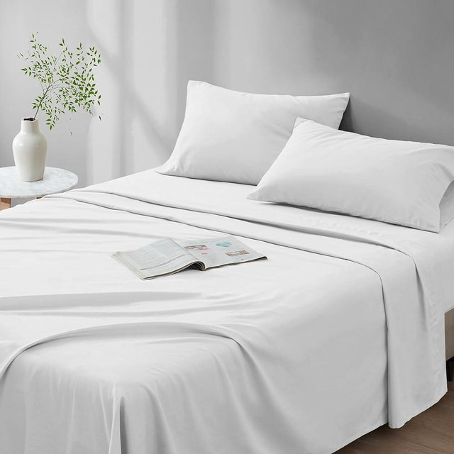 Comfort Spaces 100% Cotton Sheet Set Breathable, Lightweight, Soft with 14" Elastic Pocket Fits up to 16" Mattress, All Season Cozy Bedding, Matching Pillow Case, Queen White 4 Piece