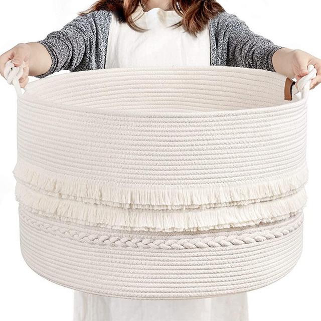 CherryNow Large White Woven Storage Basket, Boho Decorative Basket for Home Decor, Towel basket for Bathroom, Bedroom, Living room, Baby Nursery Basket for Clothes, Toys, Blankets, 22 x 14 inches