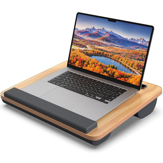 HETTHI Portable Lap Desk, Laptop Stand for Bed with Soft Wrist Rest, Tablet/Phone Slot, Fabric Handle, Laptop Bed Desk with Cushion (Light Brown)