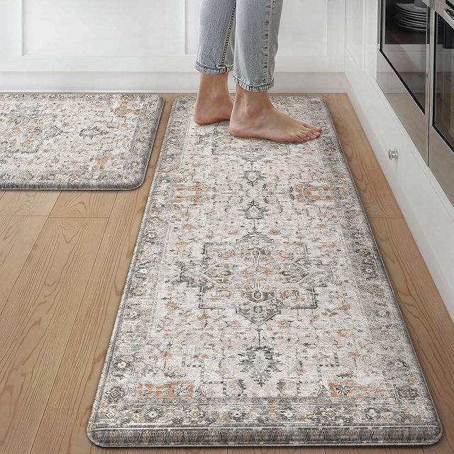 GENIMO Kitchen Mats for Floor 2PCs, Washable Anti Fatigue Mat for Cushioned, 17.3"x47"+17.3"x30"-0.47, Waterproof Kitchen Rugs, Non Slip Comfort Standing Mat Rug for Home, Sink, LightTaupeBrown