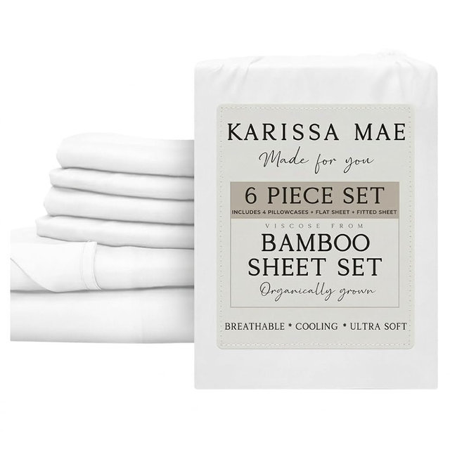 KARISSA MAE 6 Piece Luxury Bamboo Viscose King Size Sheet Set | 100% FSC Certified | Cooling | Luxuriously Soft | 18" Deep Pockets | with Organizer Band & Elastic Corner Straps| 4 Pillowcases [White]