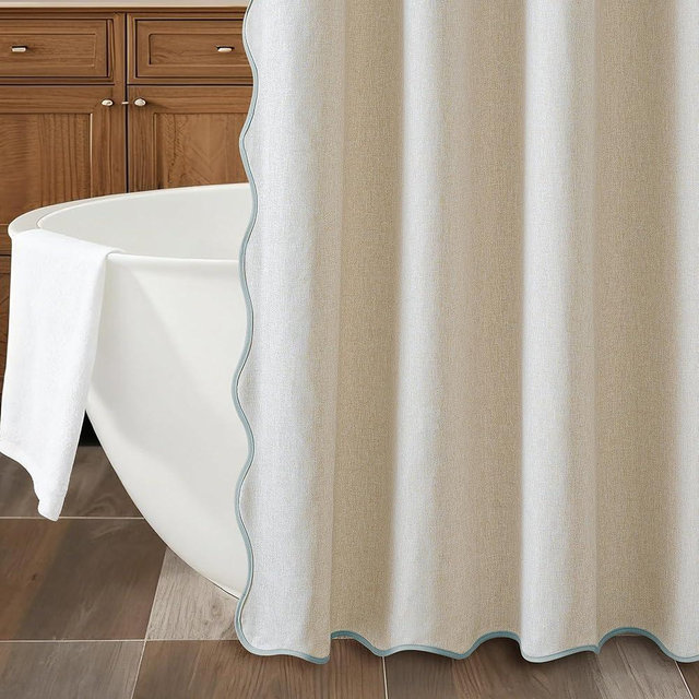 Beige Extra Long Shower Curtain Linen Textured with 12 Metal Hooks Cute Heavy Duty Washable Waterproof Neutral Thick Cloth Shower Curtains with Dusty Blue Border for Bathroom Hotel Bathtub, W72xL84