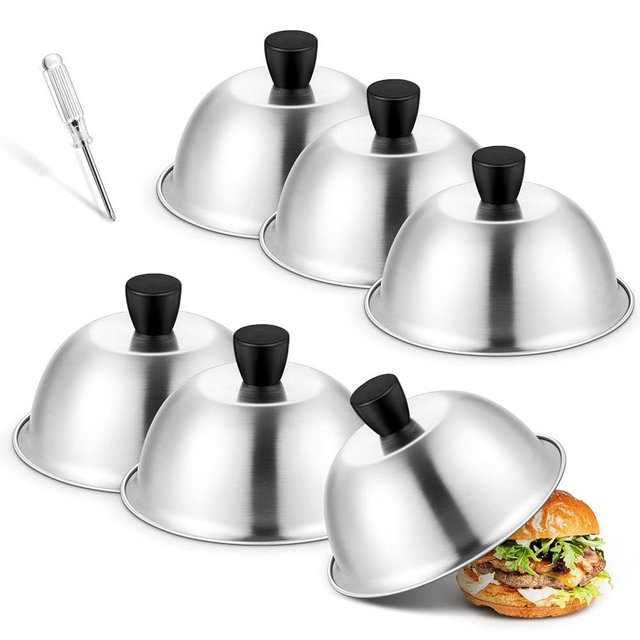 Basting Cover for Griddle, Joyfair 6 Inch Cheese Melting Dome, Stainless Steel Small Grilling Domes Round Flat Top Grill Metal Lids for Outdoor & Indoor Cooking, Brushed Finish & Dishwasher Safe (2)