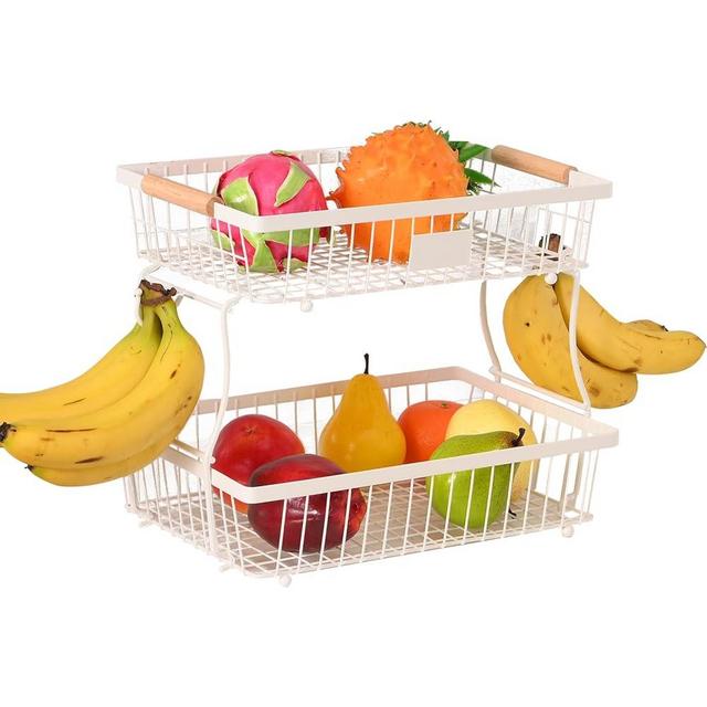 Lawhood-Mijin 2 Tier Detachable Fruit Basket Bowl with 2 Banana Hangers, Fruit Stand Holder for Kitchen Countertop, Metal Wire Vegetable Storage Organizer, for Bread Snack Veggies Produce, White