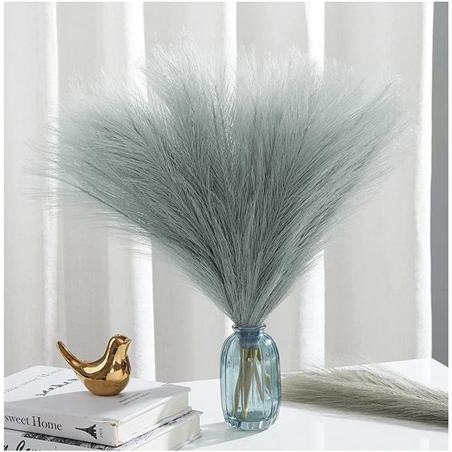 Serwalin Pampas Grass Decor 17 Inch 6pcs, Faux Grey Pampas Grass for Bathroom Living Room, Artificial Pampas Grass Small Vase Filler Fake Pompas Short Feather Boho Home Wedding Decor
