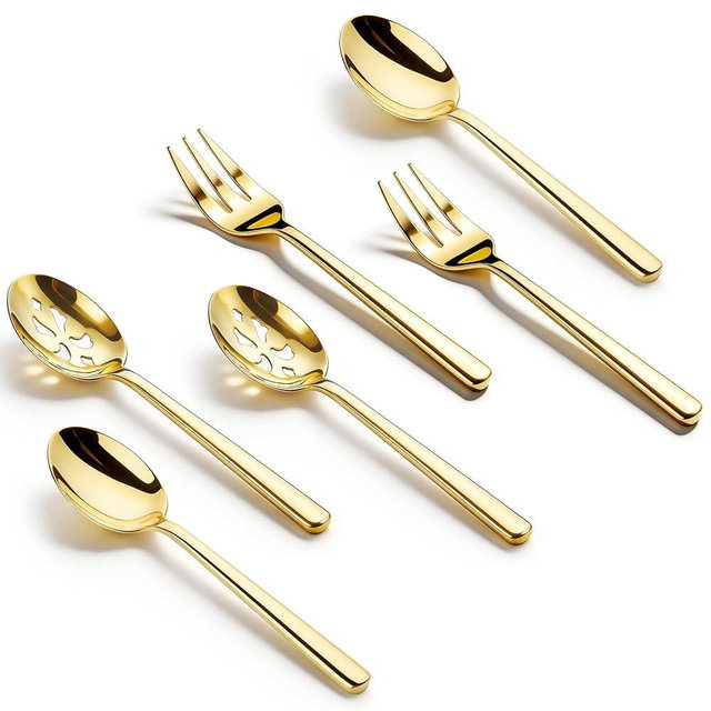 Serving Spoon x 2,Slotted Serving Spoon x 2,Serving Forks x 2,RTT 9 Inch Stainless Steel Catering Serving Utensils for Party Buffet Dinner Banquet Kitchen Basics (Golden Titanium Finish)