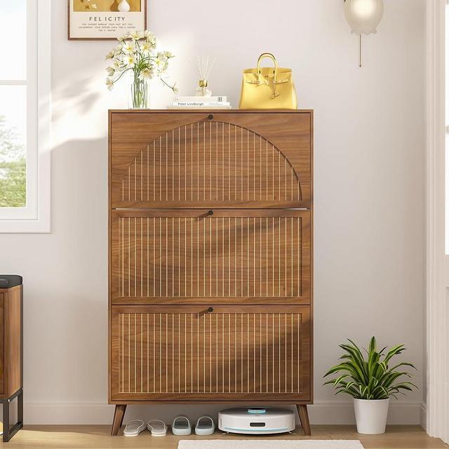 Fsbecl Shoe Storage Cabinet for Entryway with 3 Flip Drawers, Narrow Shoe Organizer with Fluted Panel, Freestanding Wood Hidden Shoe Cabinet for Foyer, Hallway (Walnut, 3 Flip Drawers)