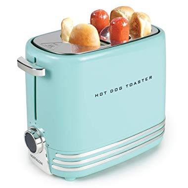 Nostalgia HDT900AQ Pop-Up 2 Hot Dog and Bun Toaster With Mini Tongs, Works with Chicken, Turkey, Veggie Links, Sausages and Brats, Aqua Chrome