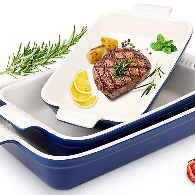 Toptier Ceramic Baking Dish Set, 3-Piece Casserole Dish Set, Rectangular Bakeware Set - Grip Handles for Easy Carry from Hot Oven to Table, Nest for Space-Saving Storage, Navy Blue