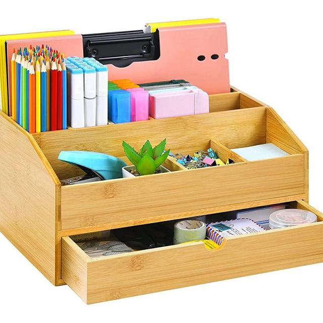 Marbrasse Bamboo Wood Desk Organizer with Drawer, Multifunctional Desktop File Organizer with Pen Holder, Wood Desk Organizers and Accessories, 9 Compartments Storage Caddy for Home Office Supplies