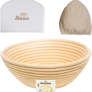 9 inch Banneton Proofing Basket Set - for Professional & Home Bakers (Sourdough Recipe) w/ Bowl Scraper & Brotform Cloth Liner for Rising Round Crispy Crust Baked Bread Making Dough Shape Loaf Boules