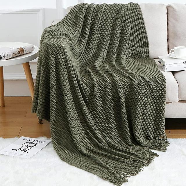 BLAGIC Olive Green Knit Throw Blanket with Tassel| Home Decor Blanket| Holiday Throw for Couch, Bed| Wrap Shawl Scarf, Lightweight Soft Cozy Warm Fluffy, Wheat Textured, 50" W x 60" L