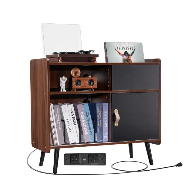 VEVOR Record Player Stand with Power Outlet, Turntable Stand Holds Up to 350 Albums, Record Player Table with Vintage Vinyl Record Storage