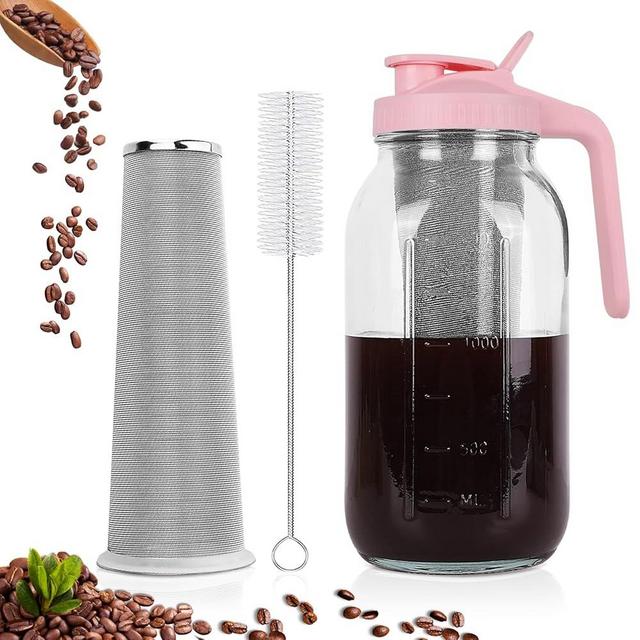 Cold Brew Coffee Maker，64 oz Wide Mouth Mason Jar Pitcher with Stainless Steel Filter, Pour Spout Handle Lid, Heavy Duty Glass Airtight & Leak-Proof Pitcher for iced coffee & Tea Lemonade-Pink